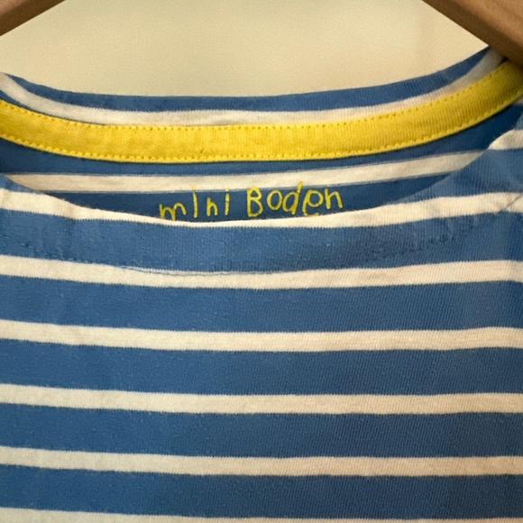 Mini Boden Blue & Yellow Striped Top Dress with Bird Print 7-8 - Picture 2 of 2